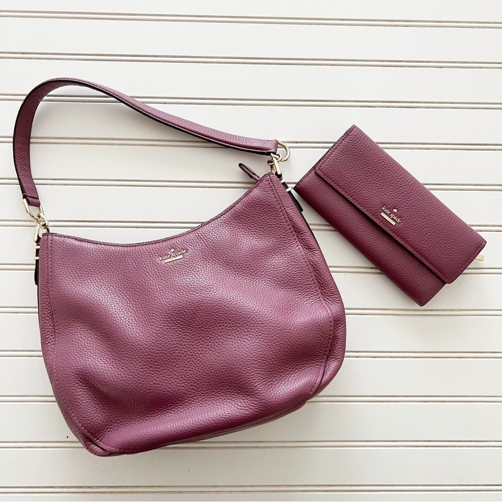 Kate Spade Hobo Bag &‎ Wallet Set OS Plum Pebbled Leather Burgundy NWOT